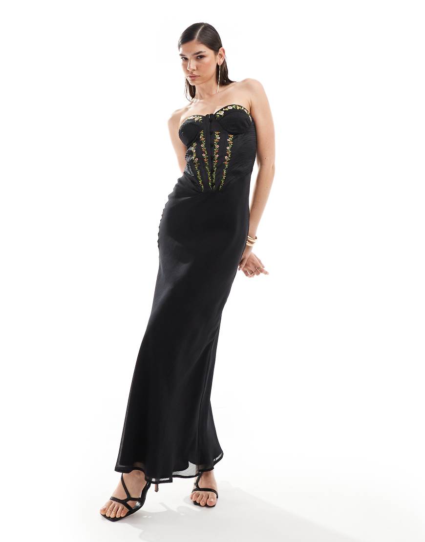 ASOS DESIGN - Korsett-Maxikleid in Schwarz mit Blumenstickerei-Grün von ASOS DESIGN