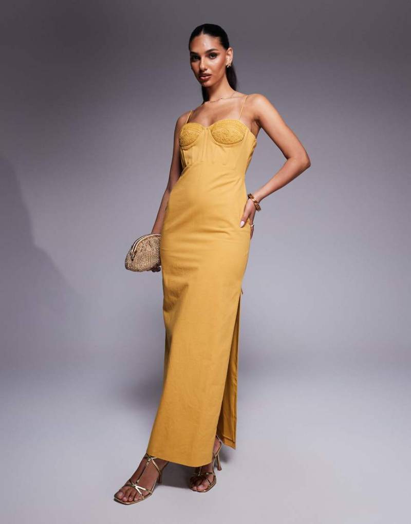 ASOS DESIGN - Korsett-Midikleid aus Baumwoll-Twill in Senfgelb mit bestickter Brustpartie von ASOS DESIGN