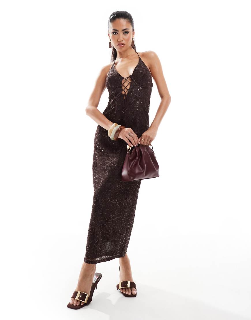 ASOS DESIGN - Korsett-Midikleid aus Spitze in Schokobraun mit tiefem Ausschnitt und Schnürdetail von ASOS DESIGN
