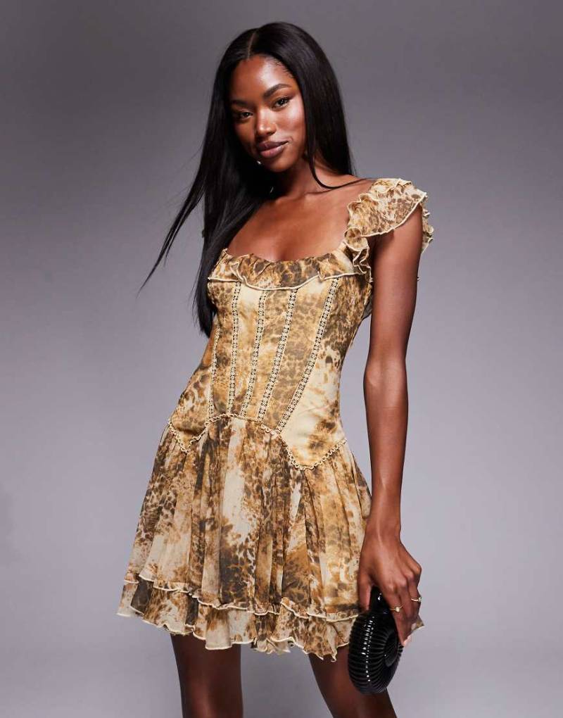 ASOS DESIGN - Korsett-Minikleid mit Animal-Print, Rüschen und tiefer Taille-Bunt von ASOS DESIGN