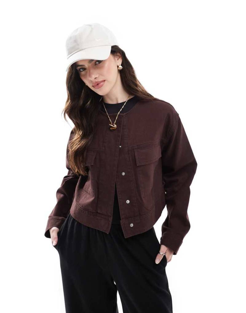 ASOS DESIGN - Kragenlose Jacke aus Twill in Schokobraun-Keine Farbe von ASOS DESIGN