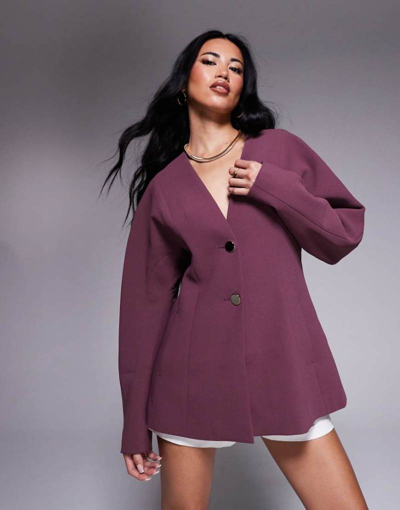 ASOS DESIGN - Kragenloser, taillierter Blazer in der Farbe Pflaume-Lila von ASOS DESIGN