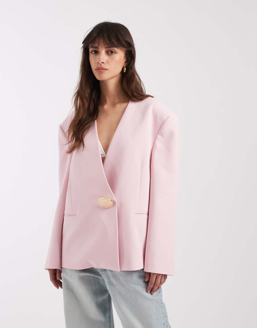 ASOS DESIGN - Kragenloser Oversize-Blazer in Hellrosa mit Besatz von ASOS DESIGN