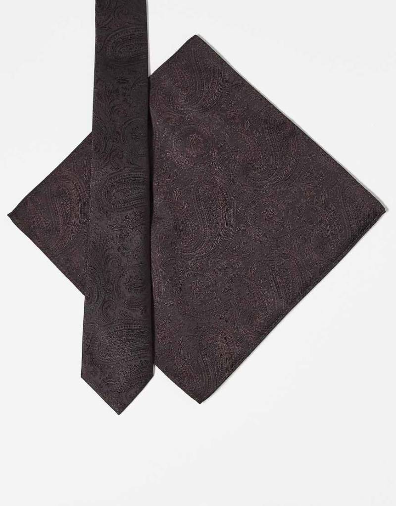 ASOS DESIGN - Krawatte und Einstecktuch in Braun aus Satin mit Paisley-Muster-Brown von ASOS DESIGN
