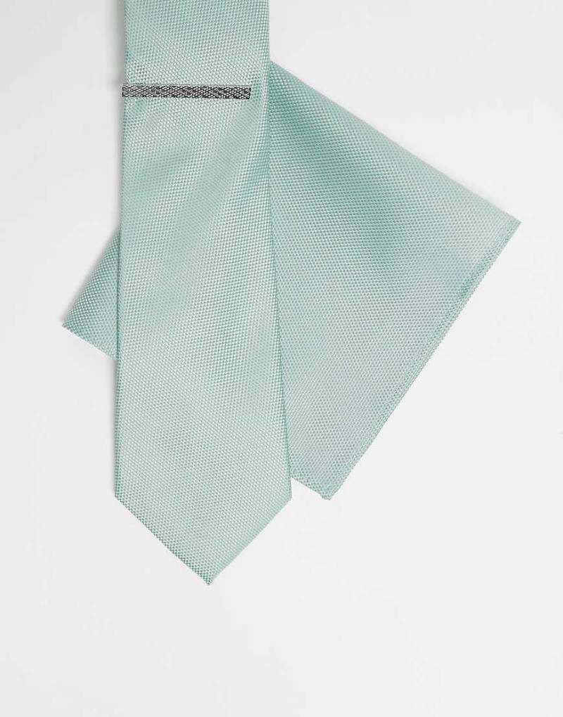 ASOS DESIGN - Krawatte und Einstecktuch in Pastellgrün mit Krawattennadel von ASOS DESIGN