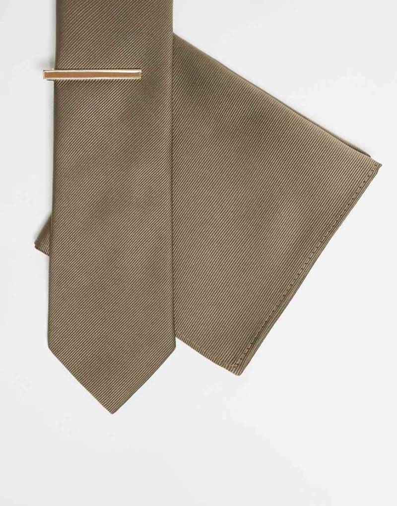 ASOS DESIGN - Krawatte und Einstecktuch in Steinbeige mit Krawattennadel-Neutral von ASOS DESIGN