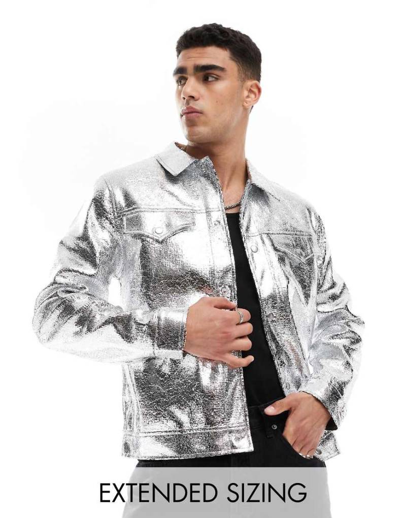 ASOS DESIGN - Kunstleder-Westernjacke in Silber-Craquelé von ASOS DESIGN