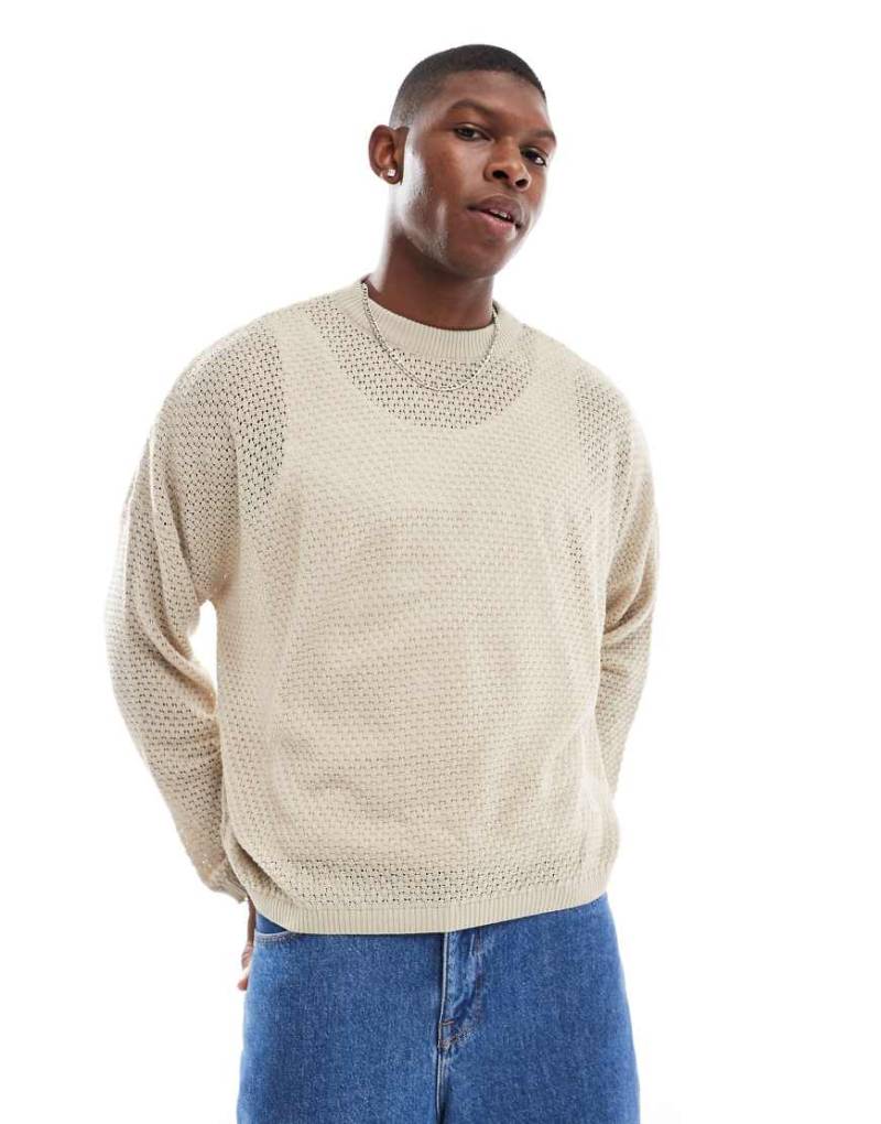 ASOS DESIGN - Kurz geschnittener Oversize-Strickpullover in Ecru mit Nahtmuster-Neutral von ASOS DESIGN