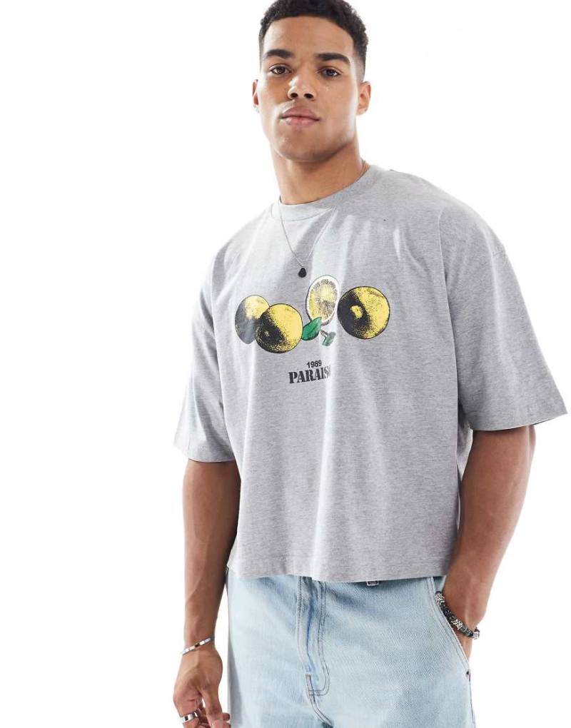 ASOS DESIGN - Kurz geschnittenes Oversize-T-Shirt in meliertem Grau mit Zitronengrafik von ASOS DESIGN
