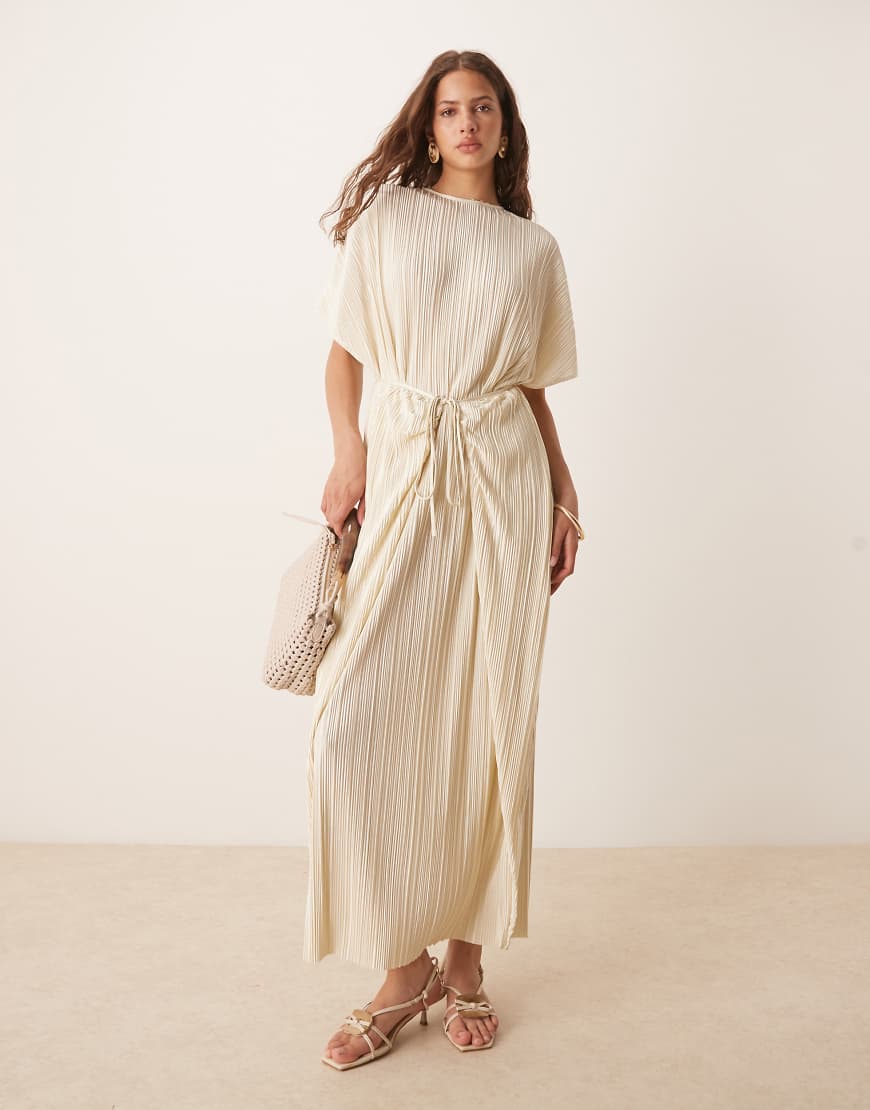 ASOS DESIGN - Kurzärmliges, plissiertes Maxi-Wickelkleid in Zitronengelb mit Taillenschnürung von ASOS DESIGN