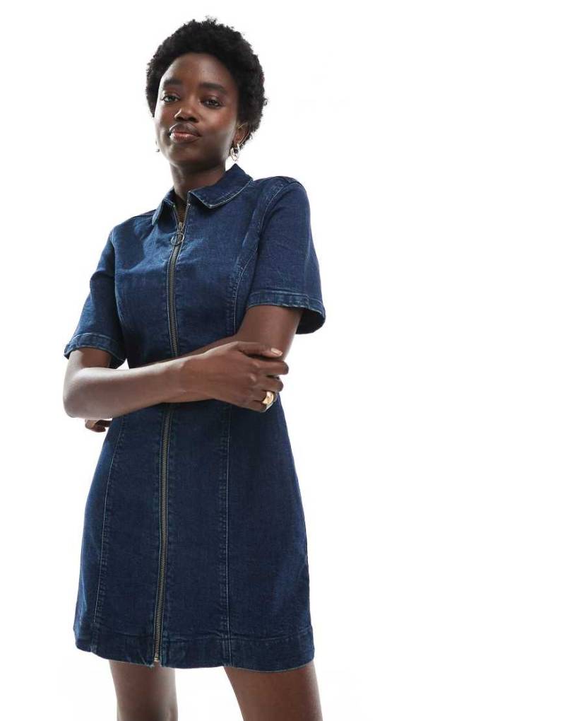 ASOS DESIGN - Kurzärmliges Minikleid aus Denim in dunkelblauer Waschung mit durchgehendem Reißverschluss von ASOS DESIGN