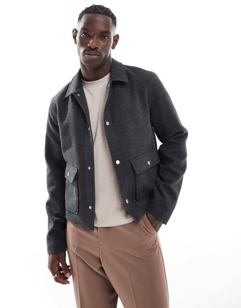 ASOS DESIGN - Kurze Harrington-Jacke in Wolloptik in Grau von ASOS DESIGN