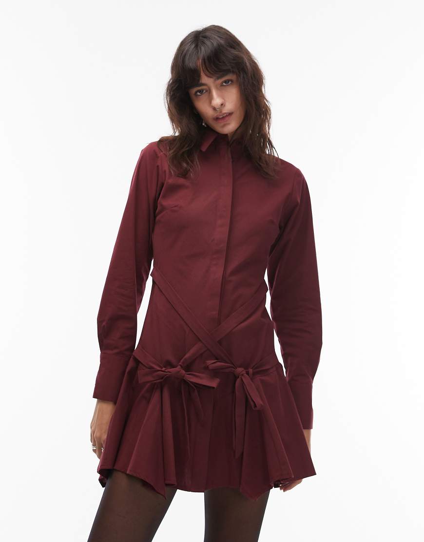 ASOS DESIGN - Kurzes Hemdblusenkleid in Beerenrot mit Bindedetail an der Taille von ASOS DESIGN