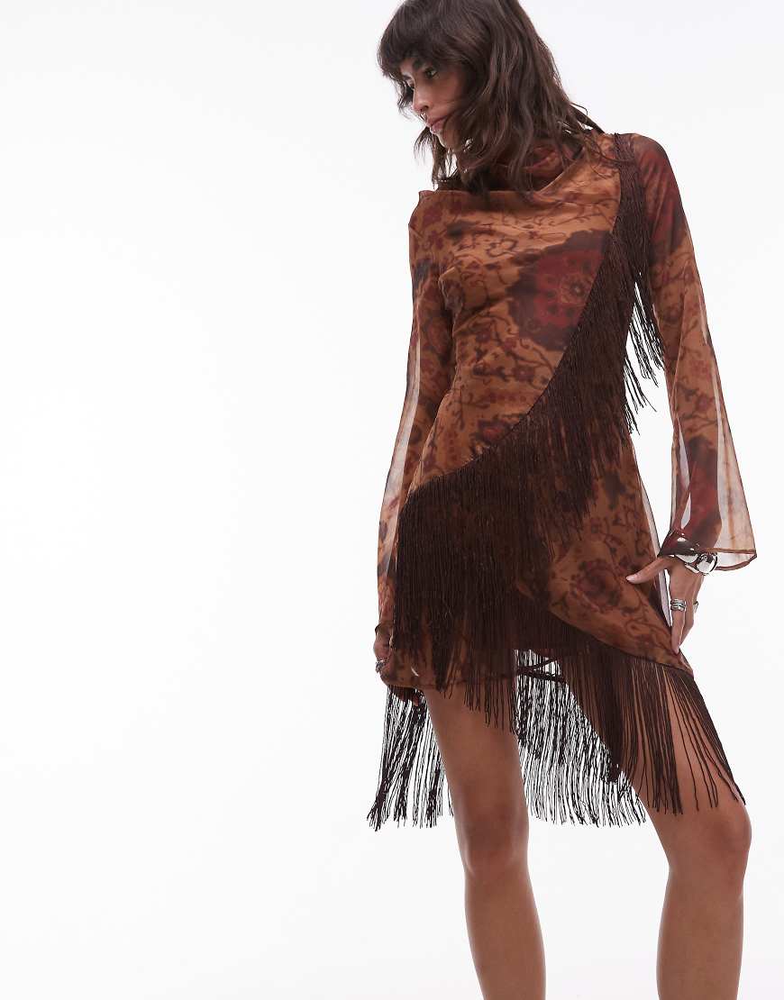 ASOS DESIGN - Kurzes Kleid in Braun mit Quastenverzierung und Blumenmuster-Brown von ASOS DESIGN