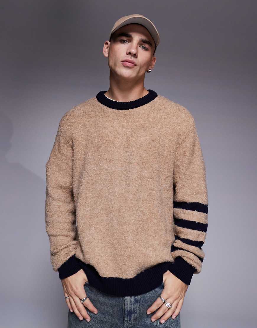 ASOS DESIGN - Lässig geschnittener Pullover aus strukturiertem Strick in Beige mit Streifendetail an den Ärmeln und Rundhalsausschnitt-Neutral ASOS DESIGN - Lässig geschnittener Pullover aus strukturiertem Strick in Beige mit Streifendetail an den Ärmeln und Rundhalsausschnitt-Neutral von ASOS DESIGN