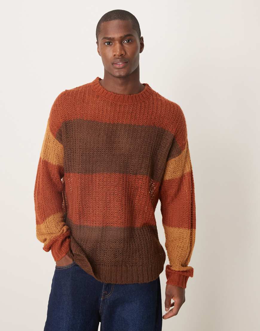 ASOS DESIGN - Lässiger Strickpullover mit durchbrochenem Strickmuster, Rundhalsausschnitt und brauner Streifenstruktur von ASOS DESIGN