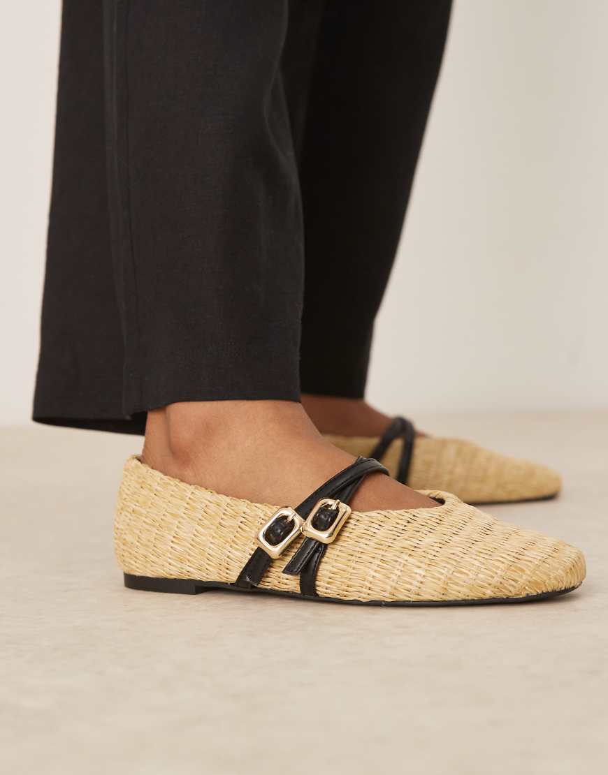 ASOS DESIGN - Landon - Ballerinas im Mary-Jane-Stil aus naturfarbenem Webstoff mit doppelten Riemchen-Neutral von ASOS DESIGN