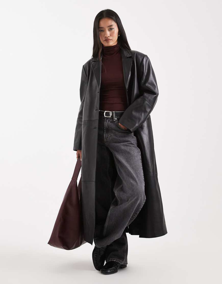 ASOS DESIGN - Lang geschnittener Dad-Mantel aus Echtleder in Schwarz von ASOS DESIGN