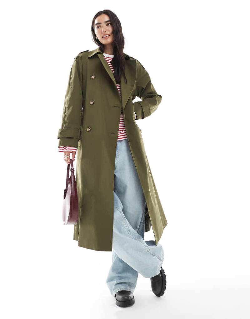 ASOS DESIGN - Lang geschnittener Trenchcoat in Olivgrün von ASOS DESIGN