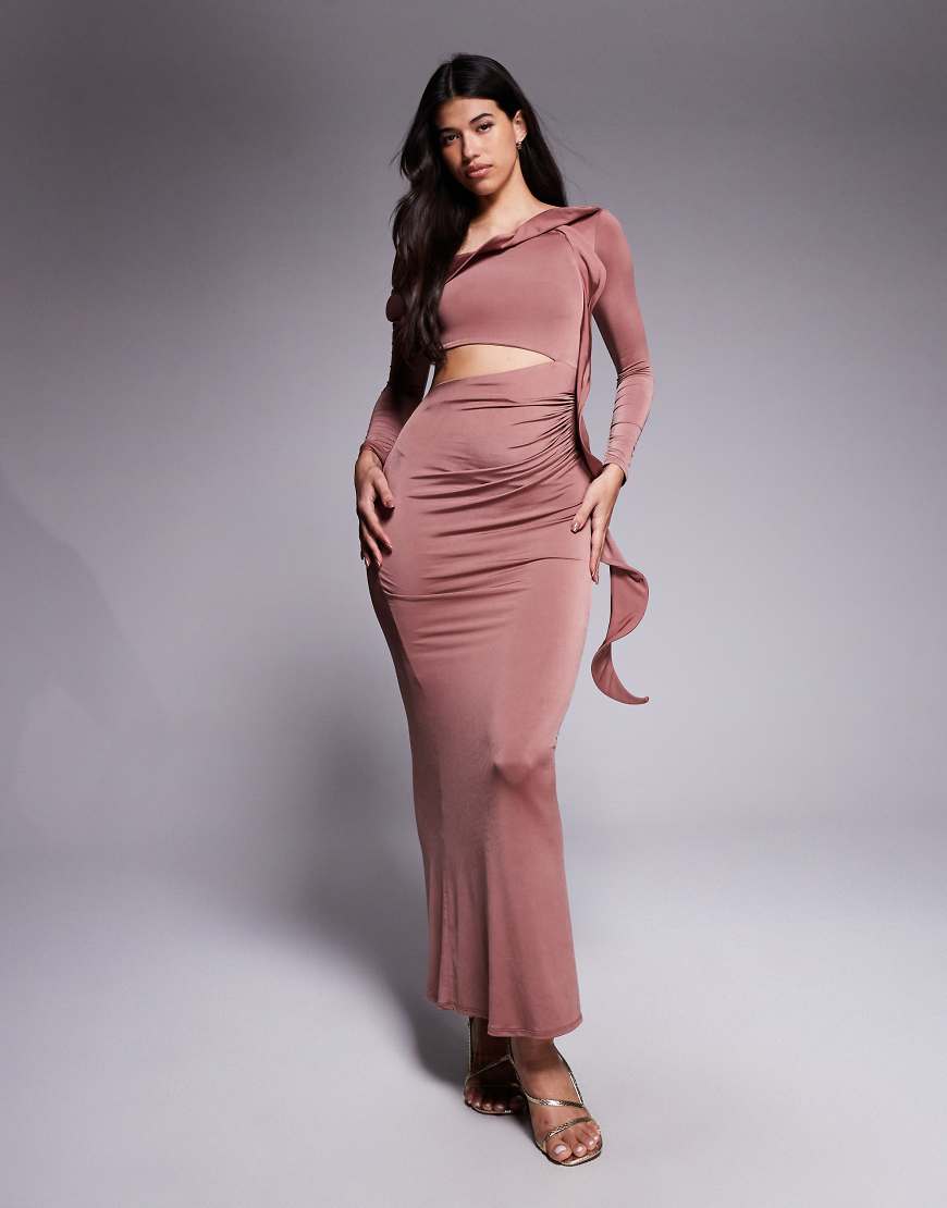 ASOS DESIGN - Langärmeliges, strukturiertes Midikleid in Kastanienbraun mit Rüschen und Cut-out-Detail-Brown von ASOS DESIGN