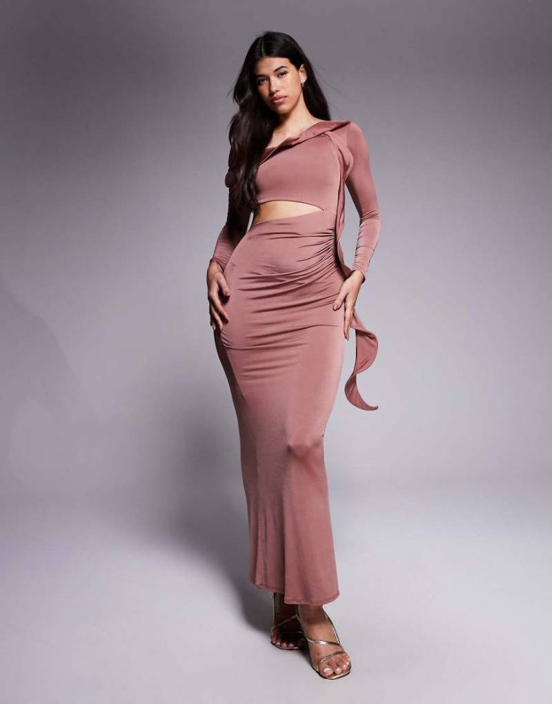 ASOS DESIGN - Langärmeliges, strukturiertes Midikleid in Kastanienbraun mit Rüschen und Cut-out-Detail-Brown von ASOS DESIGN