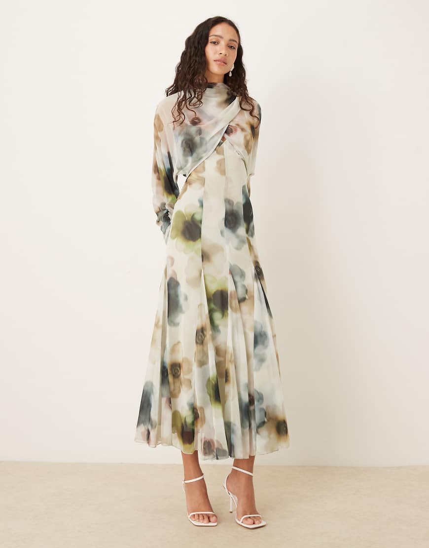 ASOS DESIGN - Langärmeliges Kleid mit verschwommenem Blumendruck in Aquarellfarben, weitem Godet-Rockteil und tiefem Rückenausschnitt und Wickeloberteil-Bunt von ASOS DESIGN