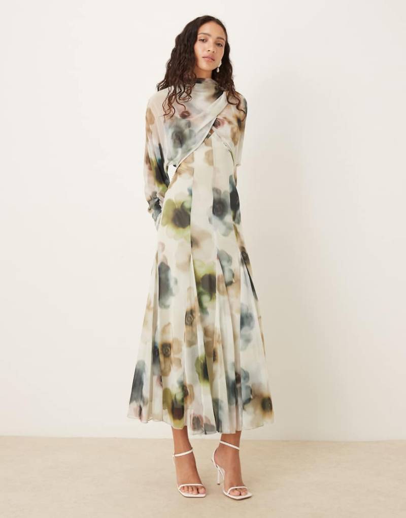 ASOS DESIGN - Langärmeliges Kleid mit verschwommenem Blumendruck in Aquarellfarben, weitem Godet-Rockteil und tiefem Rückenausschnitt und Wickeloberteil-Bunt von ASOS DESIGN