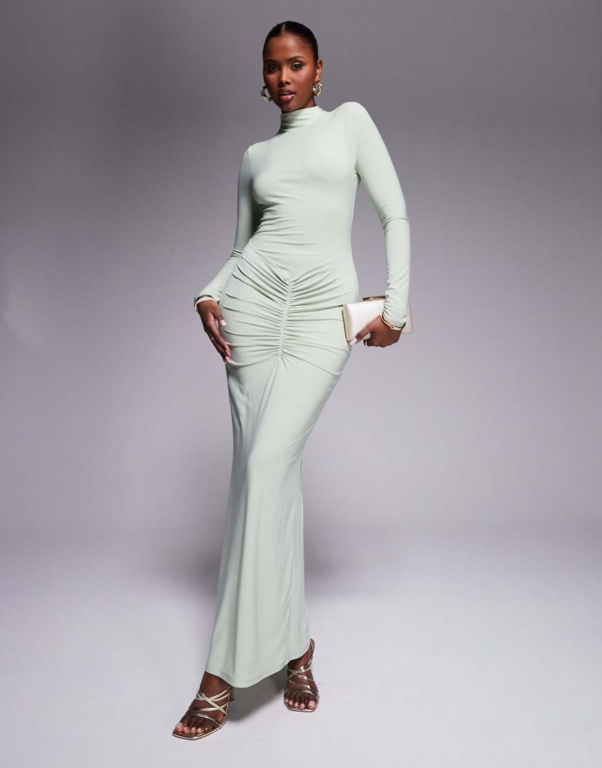 ASOS DESIGN - Langärmeliges Maxikleid in Salbeigrün mit hohem Ausschnitt und mittigem gerafftem Detail von ASOS DESIGN
