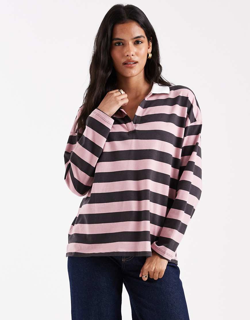 ASOS DESIGN - Langärmeliges Rugby-T-Shirt mit Streifen in Schokobraun und Mauve-Brown von ASOS DESIGN