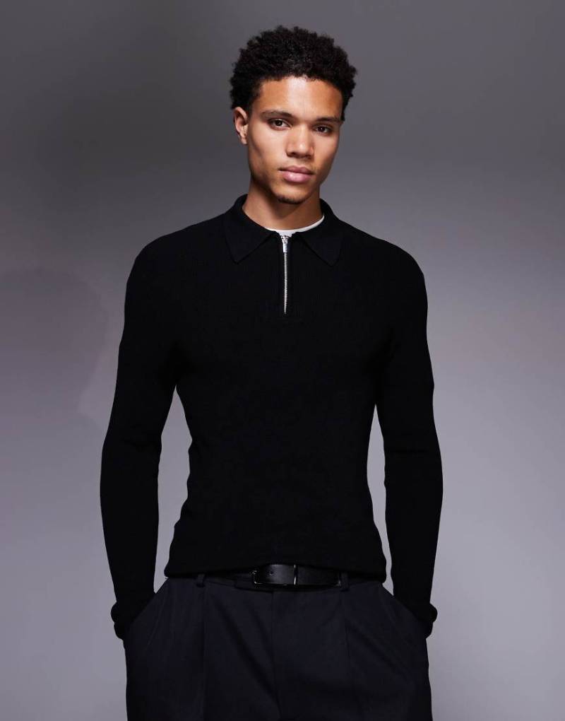 ASOS DESIGN - Langärmliger, körperbetonter Strickpullover in Schwarz mit kurzem Reißverschluss von ASOS DESIGN