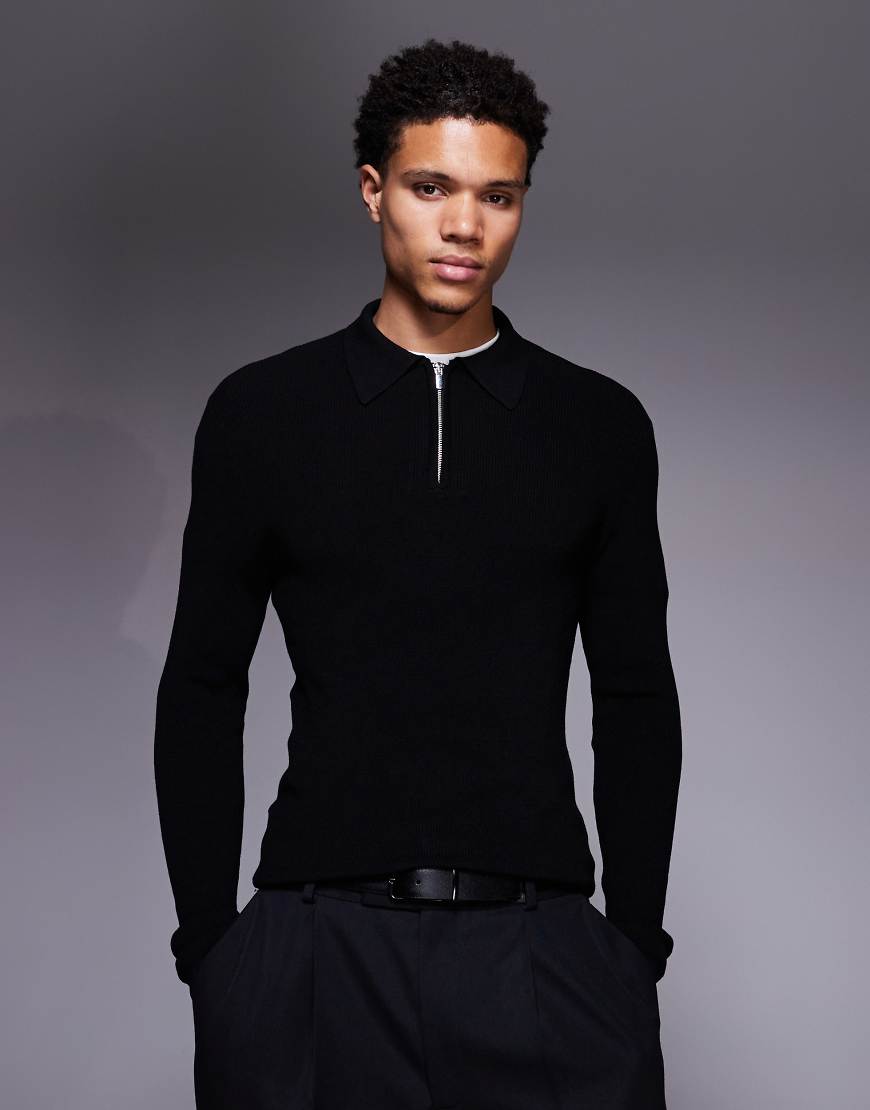 ASOS DESIGN - Langärmliger, körperbetonter Strickpullover in Schwarz mit kurzem Reißverschluss von ASOS DESIGN