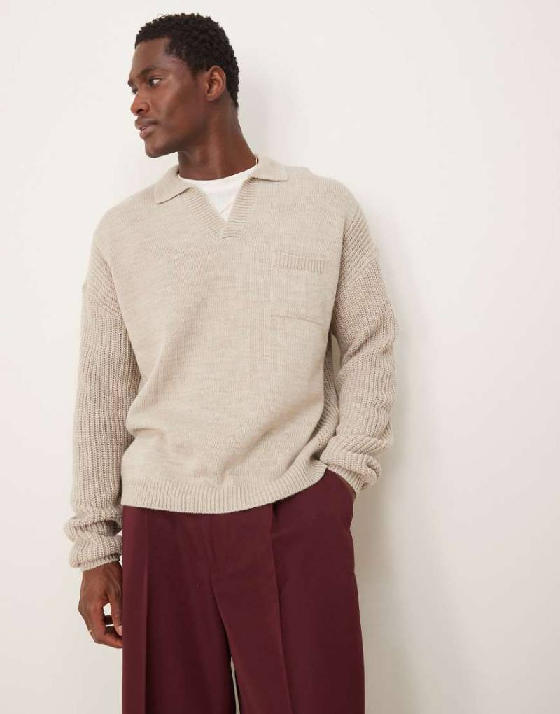 ASOS DESIGN - Langärmliger Polo-Strickpullover in Grau mit lockerem Schnitt von ASOS DESIGN