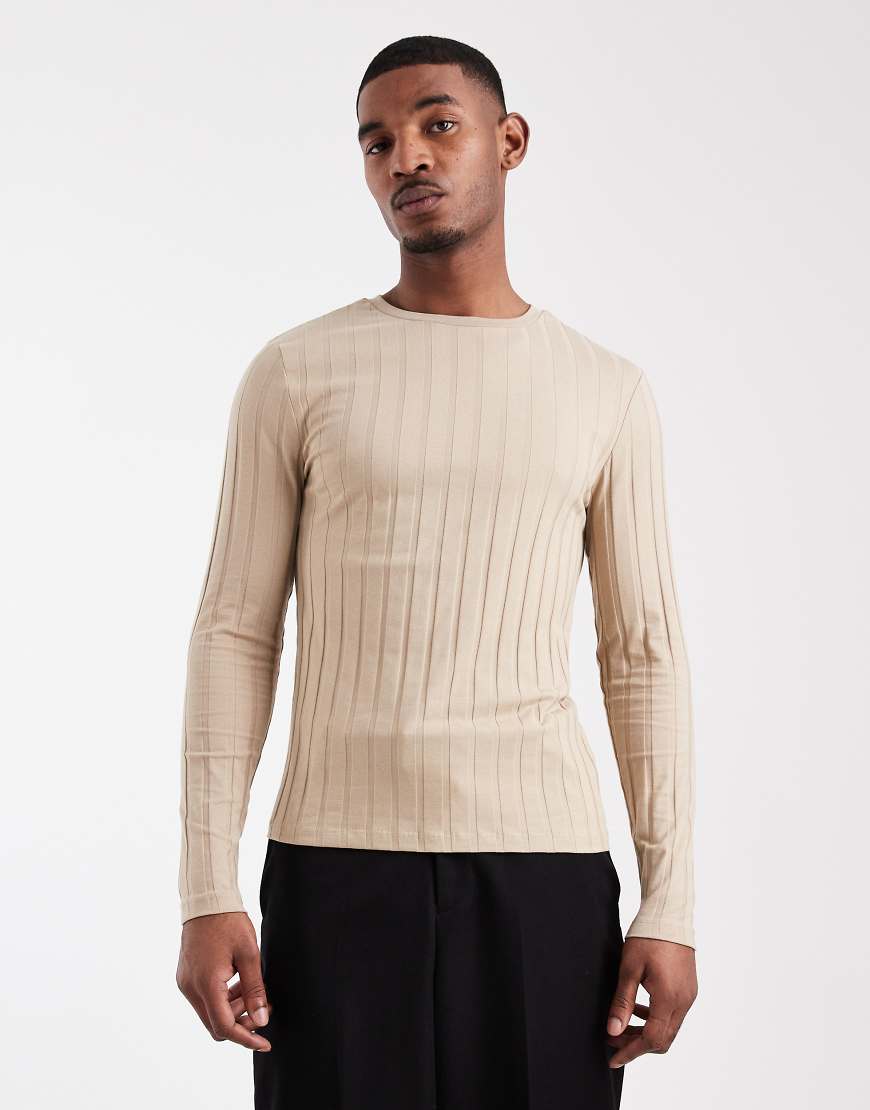 ASOS DESIGN - Langärmliges, breit geripptes T-Shirt in Beige mit schmaler Passform-Neutral von ASOS DESIGN