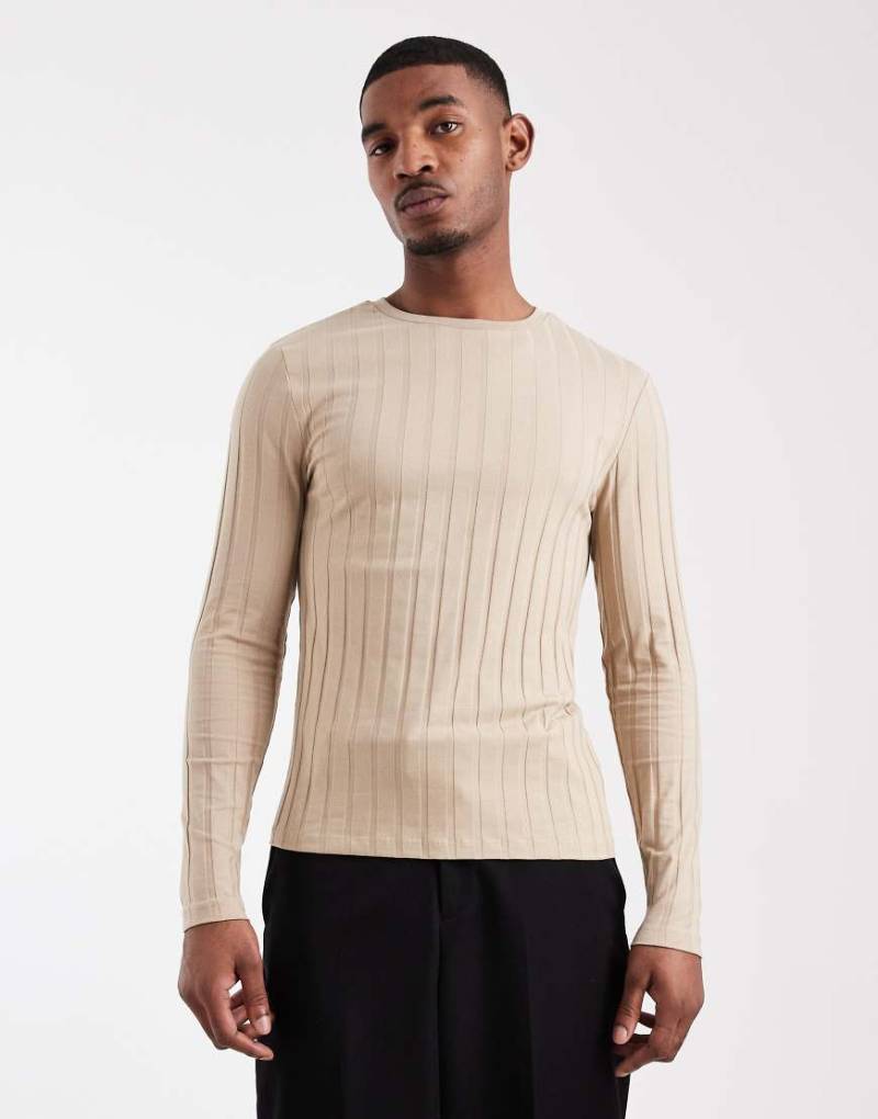 ASOS DESIGN - Langärmliges, breit geripptes T-Shirt in Beige mit schmaler Passform-Neutral von ASOS DESIGN