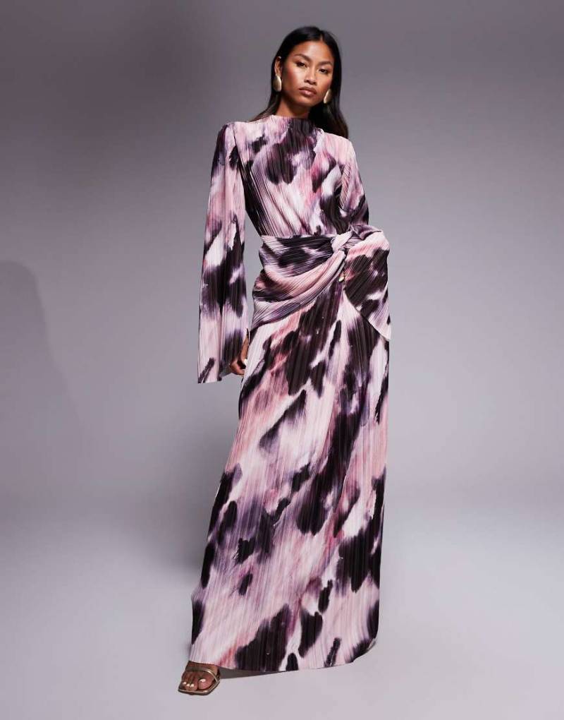 ASOS DESIGN - Langärmliges, drapiertes Plissee-Maxikleid mit verschwommenem Muster in Pastellfarben-Bunt von ASOS DESIGN