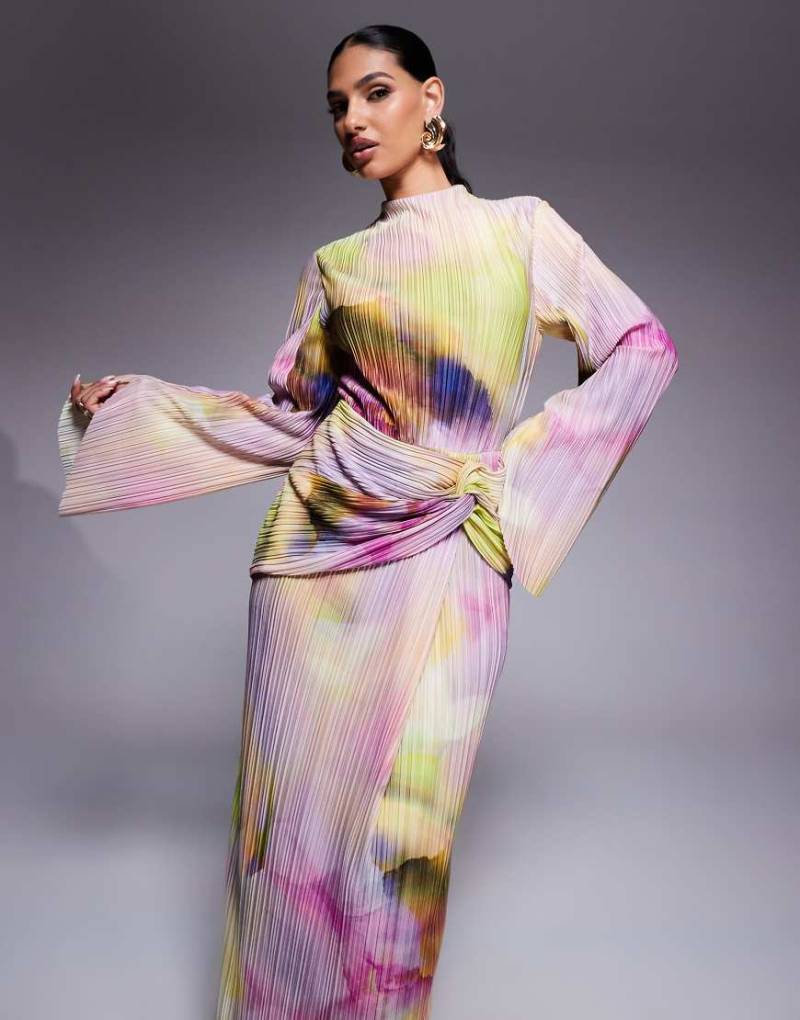 ASOS DESIGN - Langärmliges, drapiertes Plissee-Maxikleid mit verschwommenem Muster in Pastellfarben-Bunt von ASOS DESIGN