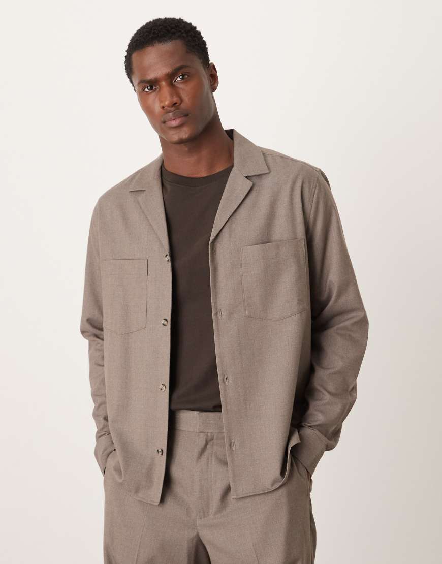 ASOS DESIGN - Langärmliges, elegantes Hemd aus Flanell in Beige mit lockerer Passform, Kombiteil-Grau von ASOS DESIGN
