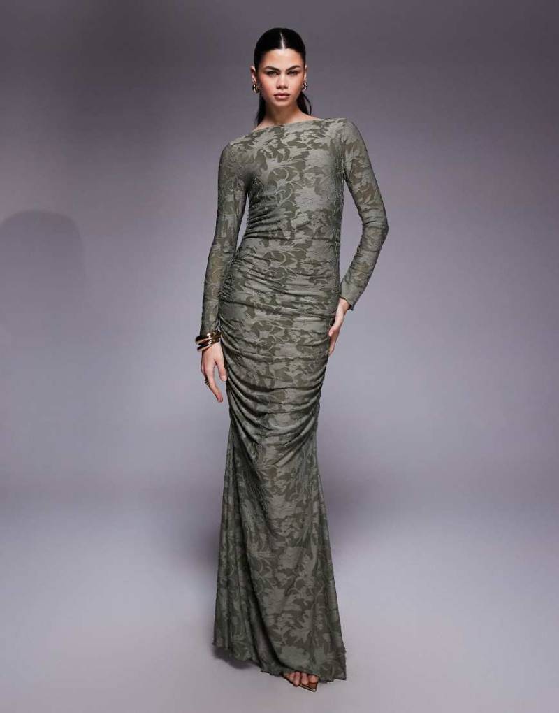 ASOS DESIGN - Langärmliges, gerafftes Maxikleid in Khaki mit Ausbrennermuster-Grün von ASOS DESIGN