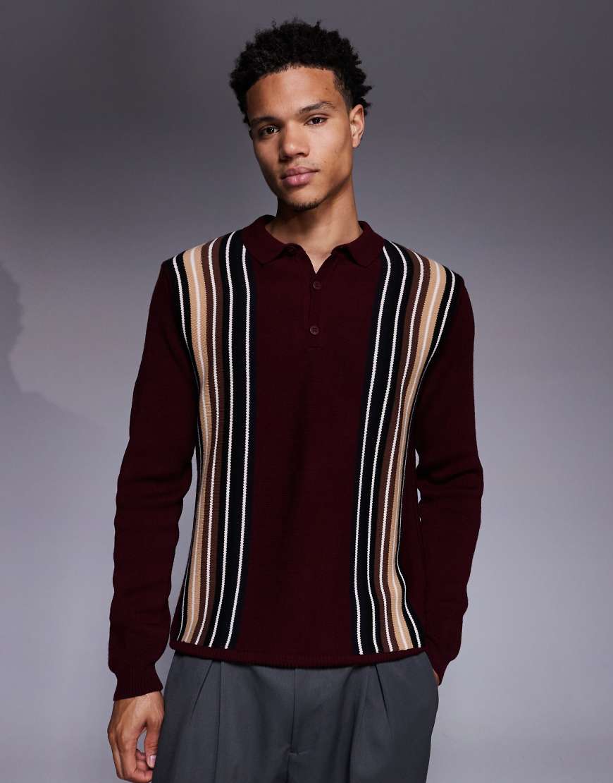 ASOS DESIGN - Langärmliges, gestreiftes Polohemd aus Strickstoff in Burgunderrot von ASOS DESIGN
