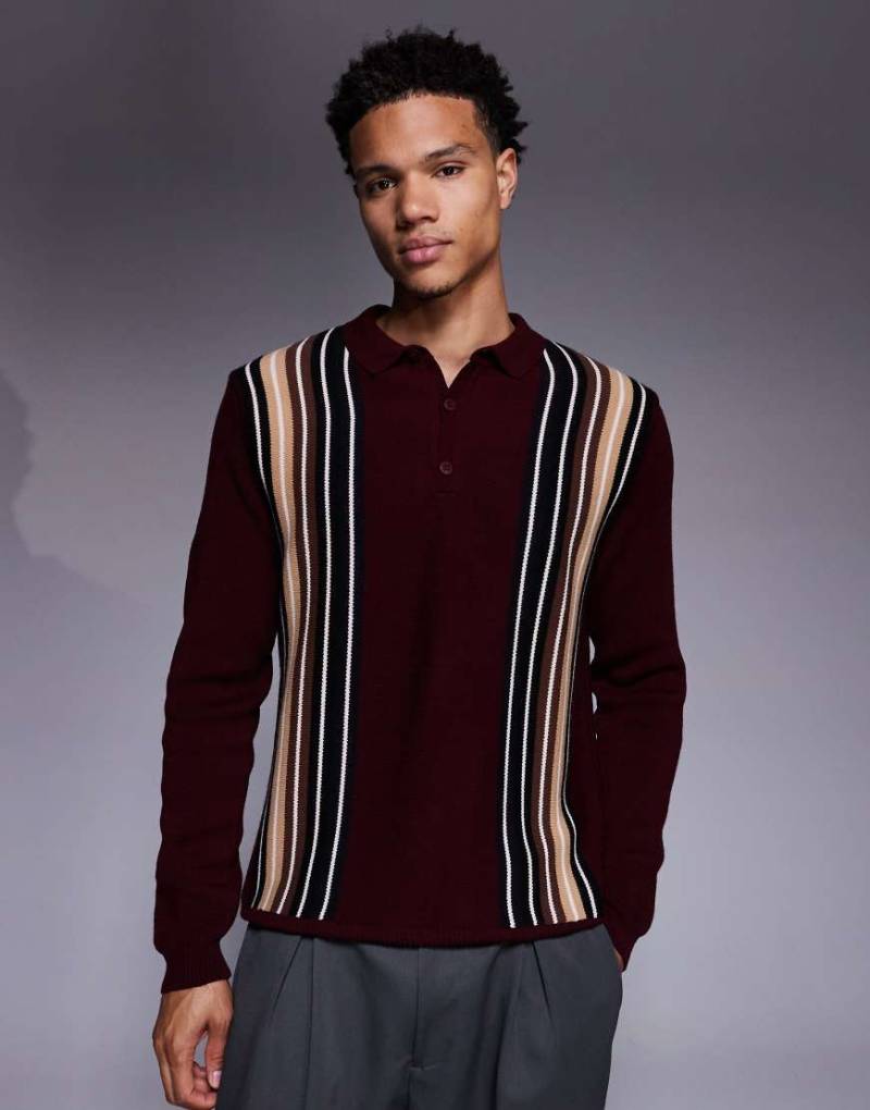 ASOS DESIGN - Langärmliges, gestreiftes Polohemd aus Strickstoff in Burgunderrot von ASOS DESIGN