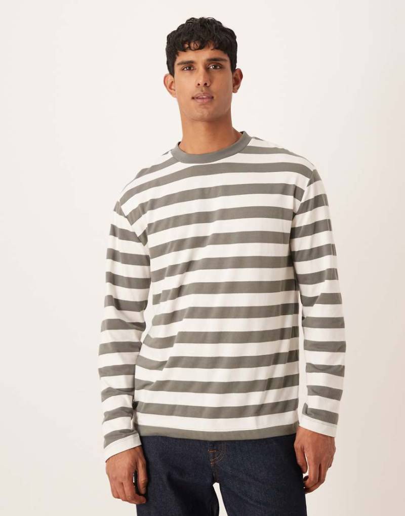 ASOS DESIGN - Langärmliges, gestreiftes Shirt in Khaki und Weiß mit lockerem Schnitt-Bunt von ASOS DESIGN