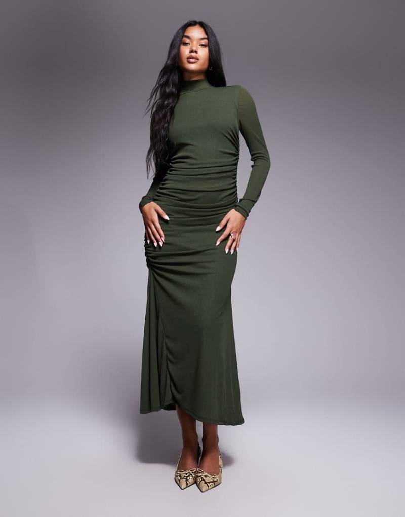 ASOS DESIGN - Langärmliges, hochgeschlossenes Maxikleid in Khaki mit asymmetrischem Saum-Grün von ASOS DESIGN