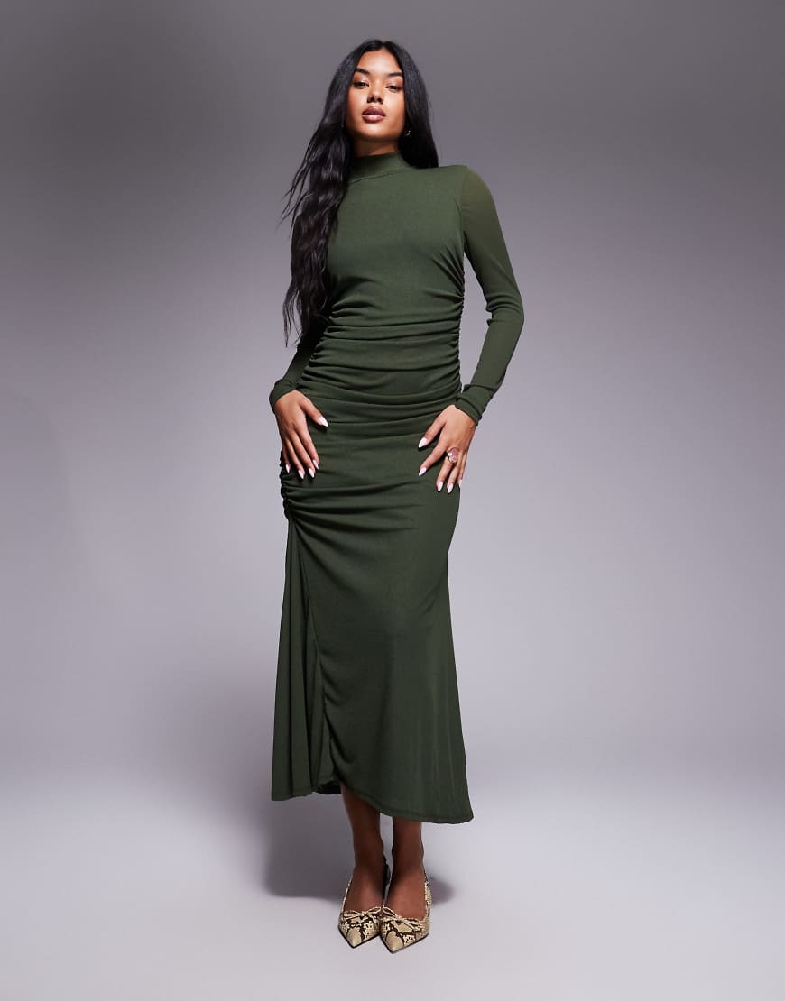 ASOS DESIGN - Langärmliges, hochgeschlossenes Maxikleid in Khaki mit asymmetrischem Saum-Grün von ASOS DESIGN
