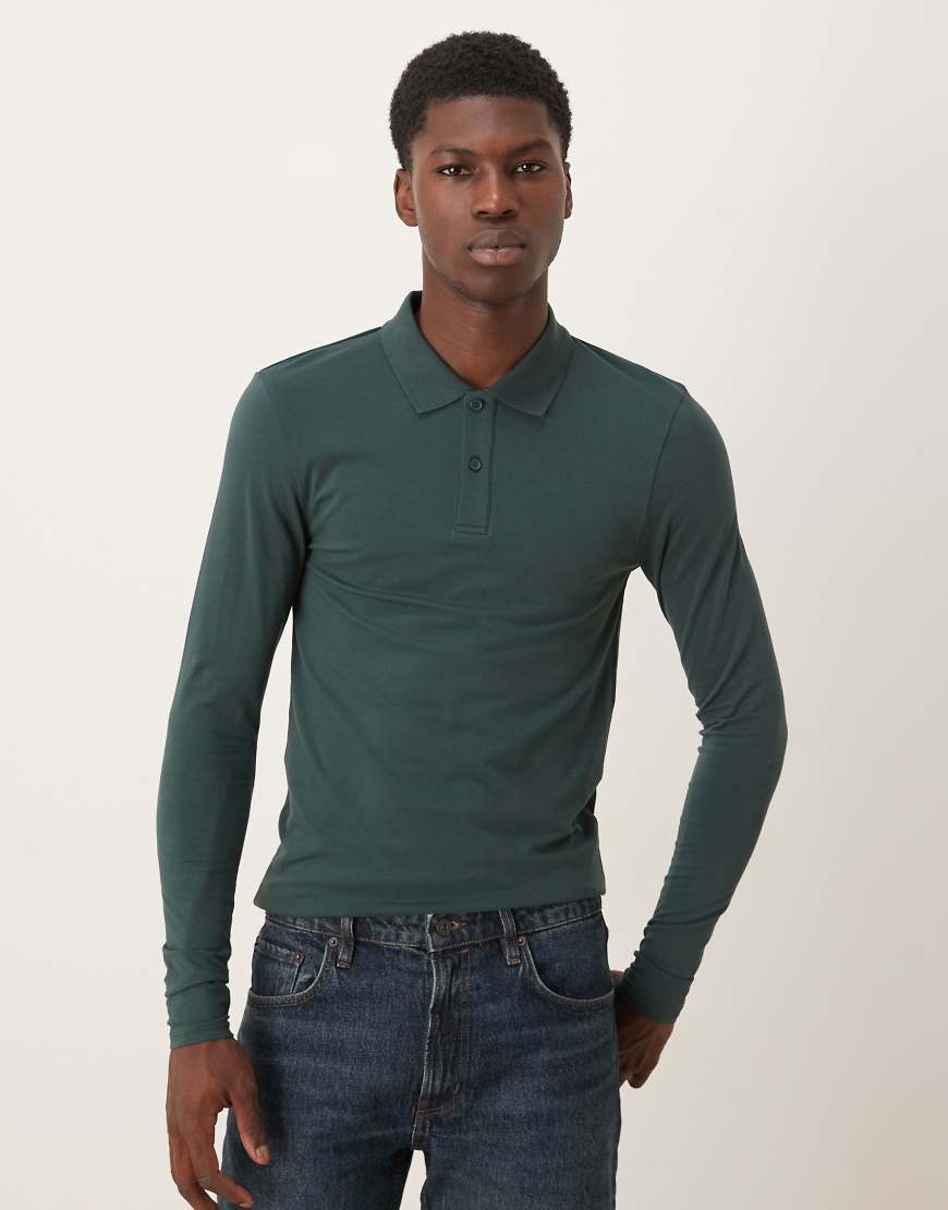 ASOS DESIGN - Langärmliges, körperbetontes Basic-Polohemd in dunklem Khaki-Grün von ASOS DESIGN
