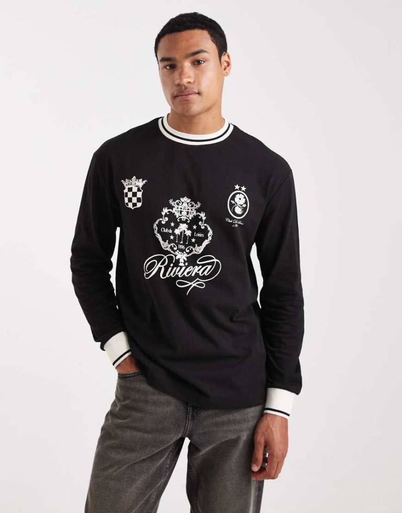 ASOS DESIGN - Langärmliges, locker geschnittenes T-Shirt in Schwarz mit sportlichem Grafikprint und Paspelierung von ASOS DESIGN