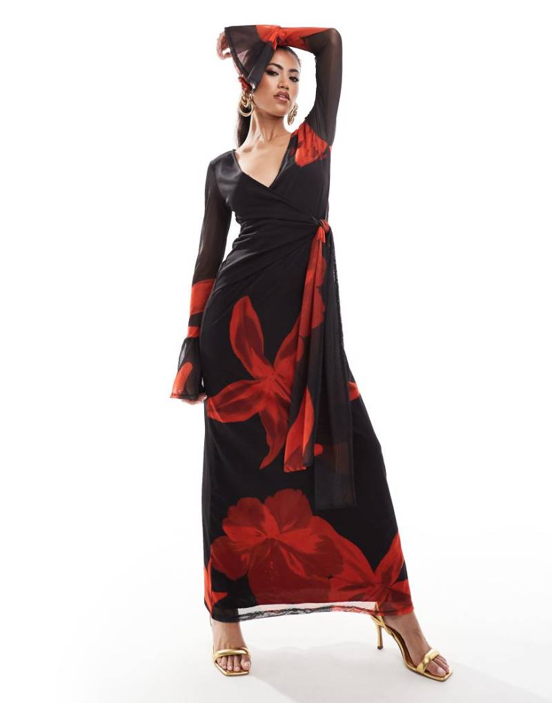 ASOS DESIGN - Langärmliges, mittellanges Netzstoff-Wickelkleid in Schwarz mit Rüschenärmeln und Blumenmuster-Bunt von ASOS DESIGN