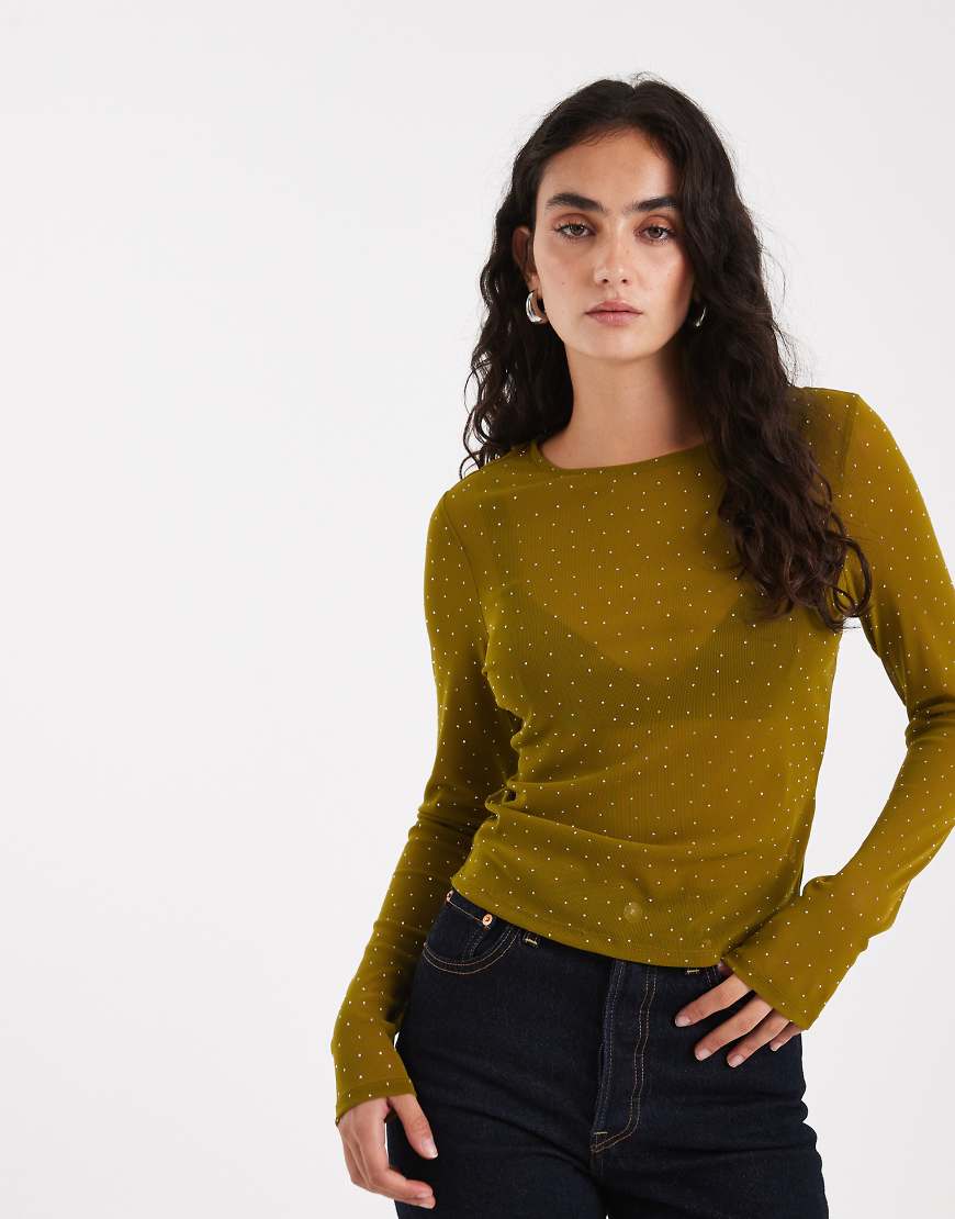 ASOS DESIGN - Langärmliges, strukturiertes Netzstoff-Oberteil in Olivgrün mit Hotfix-Verzierungen-Gelb von ASOS DESIGN