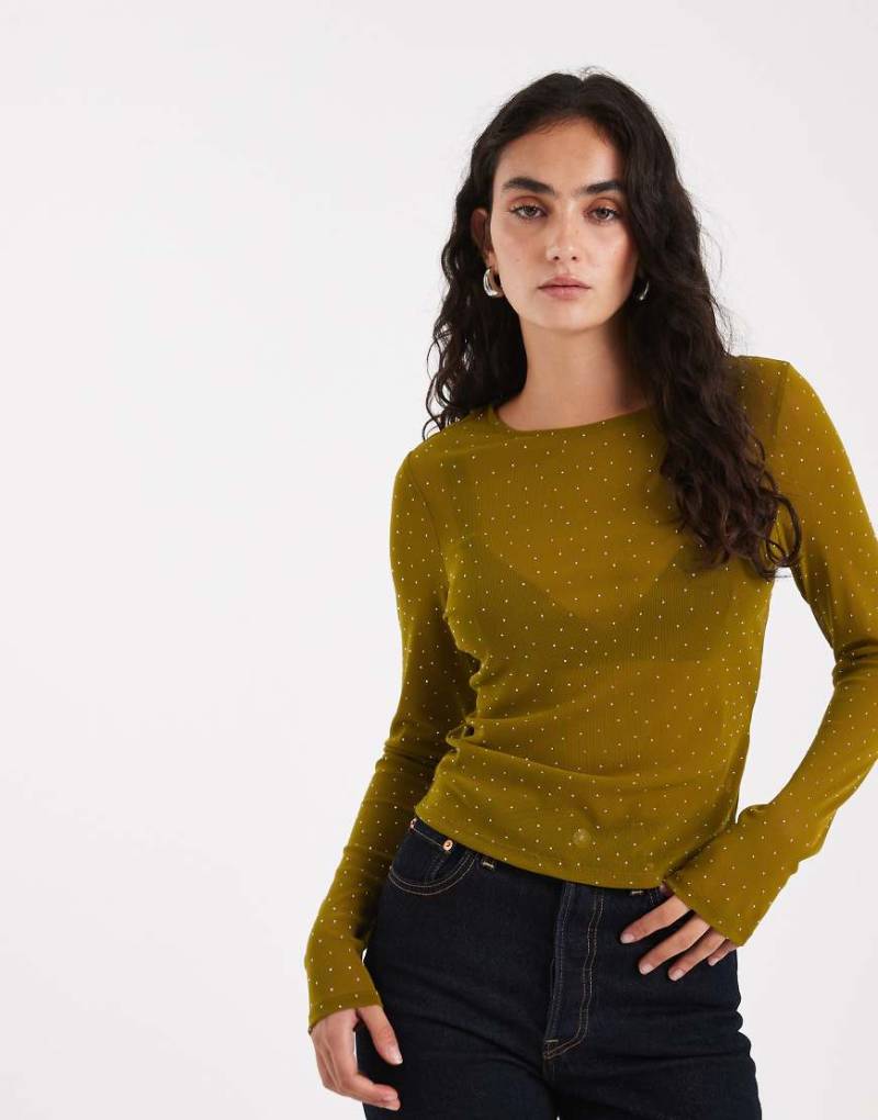 ASOS DESIGN - Langärmliges, strukturiertes Netzstoff-Oberteil in Olivgrün mit Hotfix-Verzierungen-Gelb von ASOS DESIGN