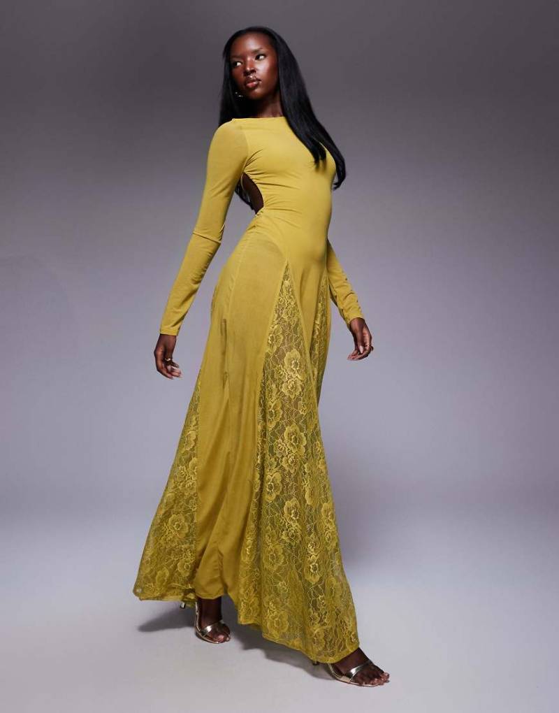 ASOS DESIGN - Langärmliges, transparentes Maxikleid in Grün mit Body und Godet-Einsätzen aus Spitze von ASOS DESIGN