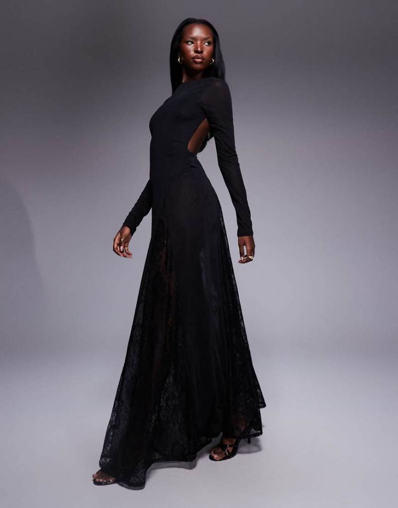 ASOS DESIGN - Langärmliges, transparentes Maxikleid in Schwarz mit Body und Godet-Einsätzen aus Spitze von ASOS DESIGN